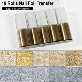 White & Gold Lace Nail Foil Sheets, 10 Rolls Nail Art Foil Transfer Stickers Women Manicure Decorations & Nails Supplies for Acrylic & Gel Nails