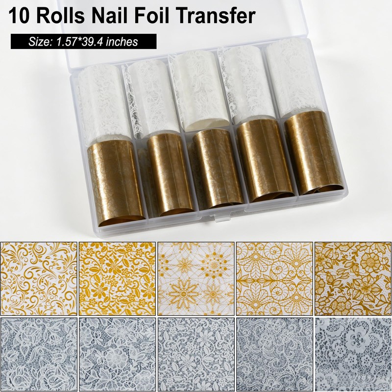 White & Gold Lace Nail Foil Sheets, 10 Rolls Nail