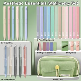 COZCLAM 32pcs School Supplies Aesthetic with Green Pencil Case, 12 Pastel Highlighters, 5 Black Gel Pens, 6 Colour Pencils, 5 Bookmarks and Sticky Notes, Aesthetic School Stuff Clean Girl School