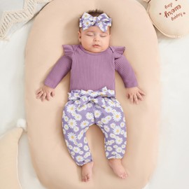 Geagodelia Newborn Baby Girl Spring Fall Outfit Clothes Long Sleeve Ribbed Romper Top Daisy Floral Trouser Headband Set (Purple, 0-3 Months)
