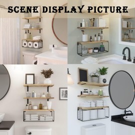 Towel Racks for Bathroom Wall Mounted,3PCS Floating Shelves with Storage Basket, Bathroom Organizers, Wall Mounted Rustic Wood Shelves for Bathroom, Bedroom, Living Room, Kitchen(Wood Color)