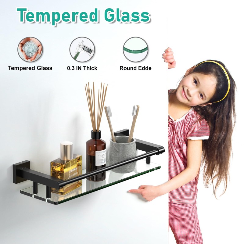 SFGSOWOR Glass Shelf 16IN for Bathroom Black Rectangular Stainless Steel