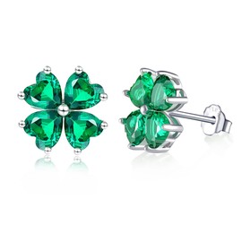 JiangXin Created Green Emerald 925 Sterling Silver Stud Earrings for Women May Birthstone Four-leaf-clover White Gold Plated Jewelry
