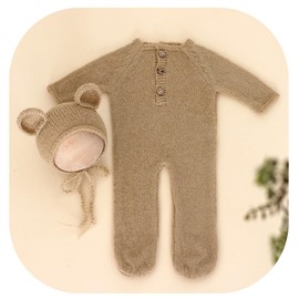 Vemonllas Newborn Photography Prop Baby Boys Girls Photoshoot Outfits Newborn Photo Knitted Romper Bear Hat Picture Outfit (Khaki)