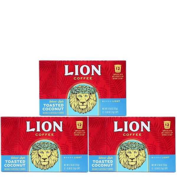 Lion Coffee Toasted Coconut Flavor, Single-Serve Coffee Pods - 12 Count Box (Pack of Three)