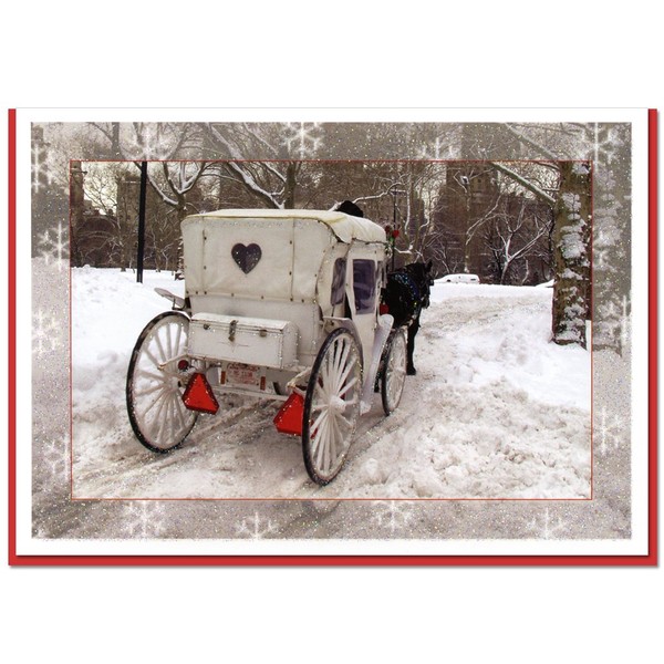 White Carriage in Central Park. New York Christmas Cards Set of 6 Cards with Envelopes. Christmas in New York Collection