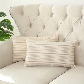 Kiuree Khaki and Brown Farmhouse Throw Pillow Covers 12 x 20, Modern Accent Square Decorative Pillow Case, Set of 2 Stripes Textured Linen Throw Pillow Case for Sofa Couch Chair Bedroom(Khaki)