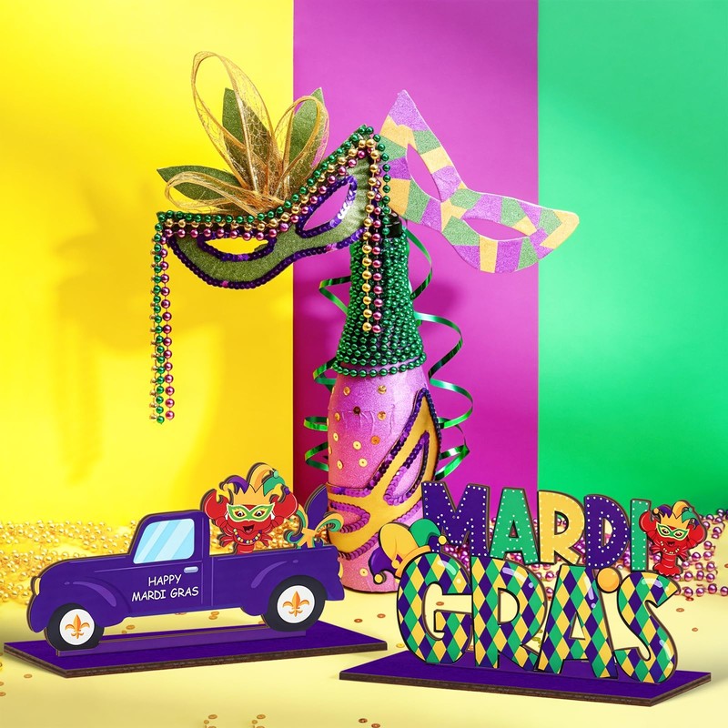 KSKSPE 4Pcs Mardi Gras Wooden Table Centerpiece Decorations