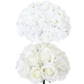 XunYee 100 Pcs Artificial Silk Flowers for Craft, 50 Artificial Hydrangea 50 Fake Roses, Realistic Faux White Flower Bulk for Centerpieces Wedding Garden Home Party Decorations