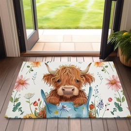 Doormat Highland Cow Door Mats,Cute Flowers Indoor Front Mats for Home Entrance,Non-Slip Floor Mats for Porch Entryway,Outdoor Welcome Mat,Easy Clean,17x 30 inch