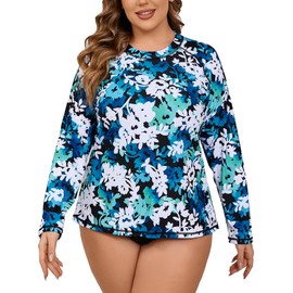 Halcurt Womens Plus Size Long Sleeve Rash Guard Swim Top with Built in Bra Loose Fit UPF50+ Sun Protection Swimsuit Blue Green White Floral 2X