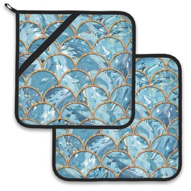 Mermaid Fish Scales Marble Pot Holder Set of 2,Heat Resistant Potholders Oven Hot Pads for Kitchen Cooking Baking BBQ