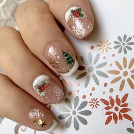 Christmas Press on Nails Short Square Fake Nails Christmas Red Fruit False Nails White French with Snowflake Christmas Tree Acrylic Nails Full Cover Stick on Nails for Women Party Nails Decor 24pcs
