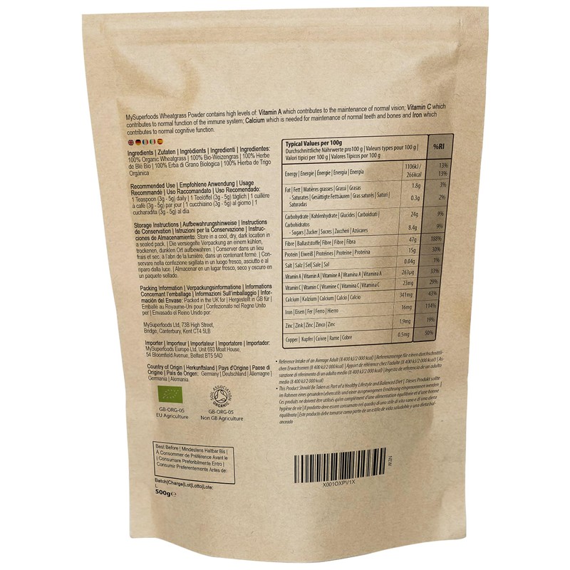 MySuperfoods Organic Wheatgrass Powder 500g, High Chlorophyll Content