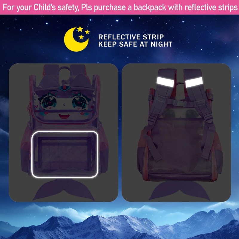 KLFVB 3PCS Girls Clear Bookbag, 15" Mermaid Transparent Backpack for