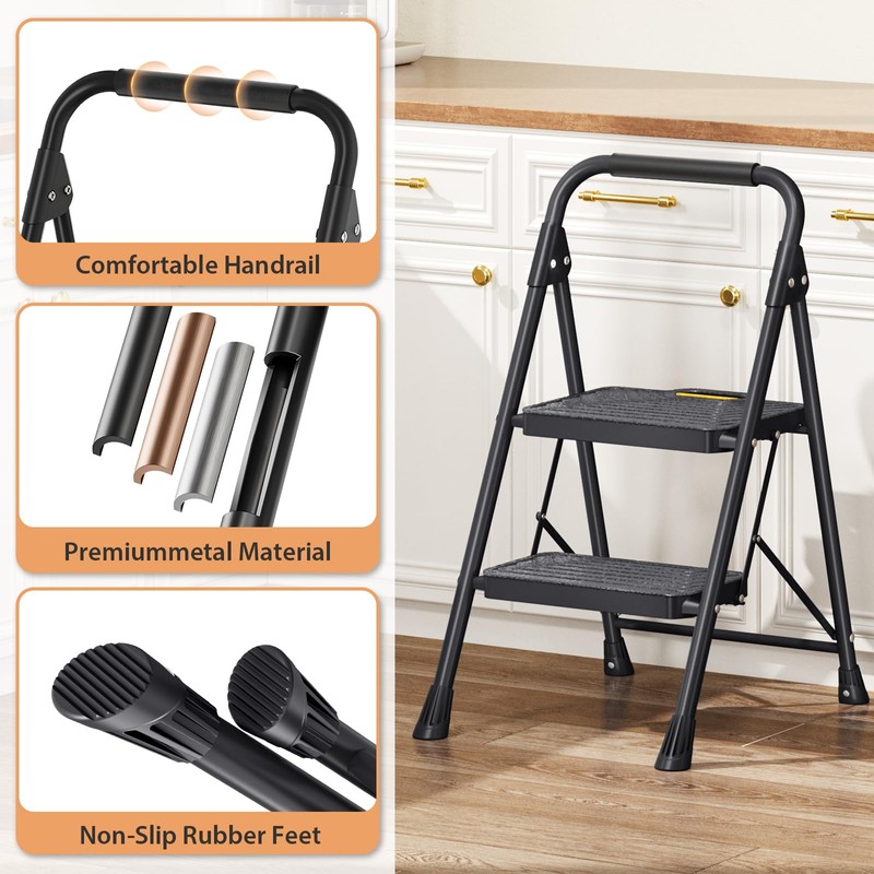 TOOLF 2 Step Ladder, Sturdy Steel Step Stool with Anti-Slip