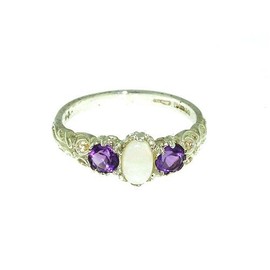 LetsBuyGold 925 Sterling Silver Real Genuine Opal and Amethyst Womens Trilogy Engagement Ring - Size 6