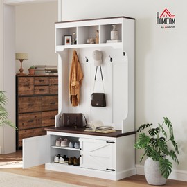 HOMCOM 3-in-1 Hall Tree with Shoe Storage, Standing Coat Rack with Shoe Bench, Entryway Furniture with Five Hooks, White Wood Grain