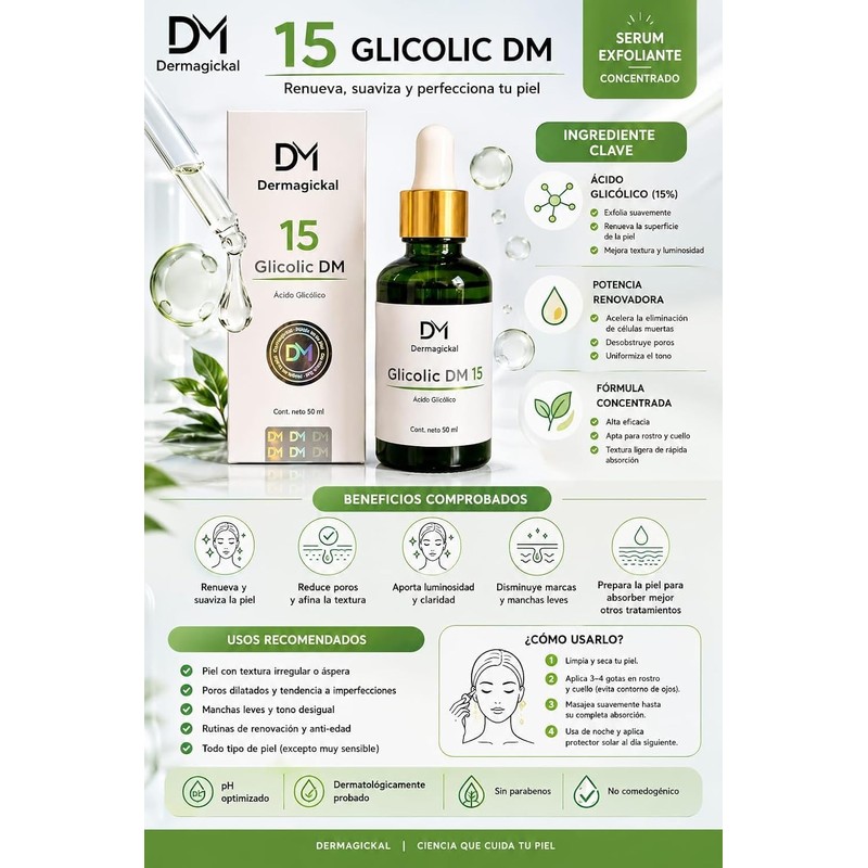 Glicolic DM 15, Suero Facial con Ácido Glicólico, Exfoliante Químico,