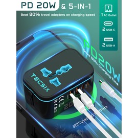 Universal Travel Adapter Worldwide PD 20W, TECSIX International Power Adapter Fast Charging with 2 USB C, 2 USB A Multi Outlets, Gan Travel Plug Adaptor for EU US UK AUS 200+ Countries