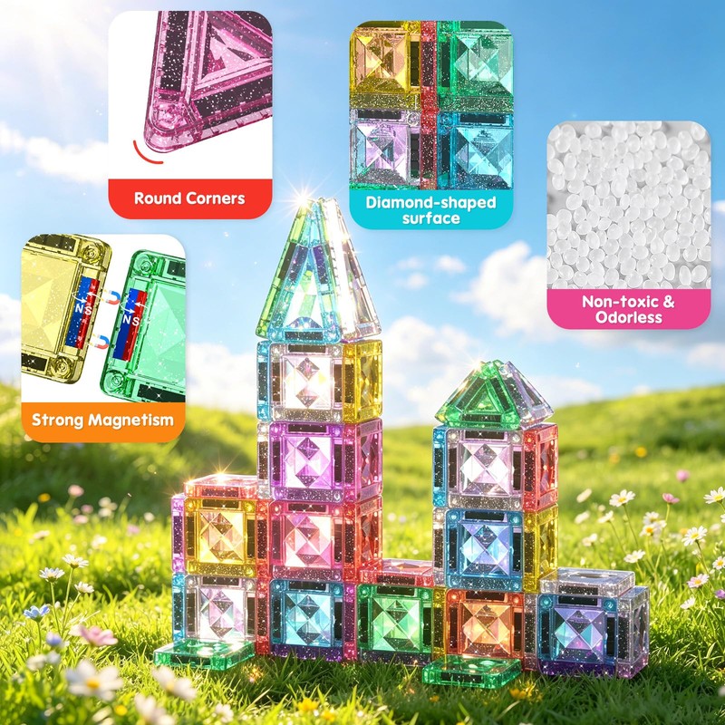 Zerxpho Mini Magnetic Tiles, 44PCS Portable Travel Magnetic Tiles Set