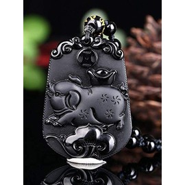 Natural obsidian bead Chinese zodiac Amulet zodiaca animals necklace with adjustable bead chain (pig)