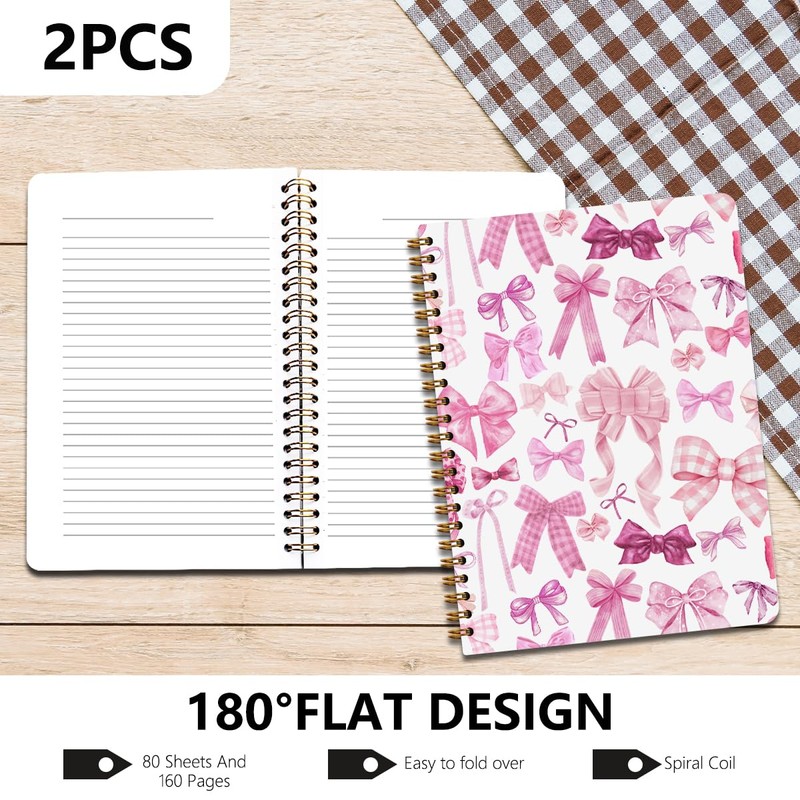 HZMLYDJ 2Pcs Spiral Notebook, Pink Bow College Ruled Spiral Notebook,