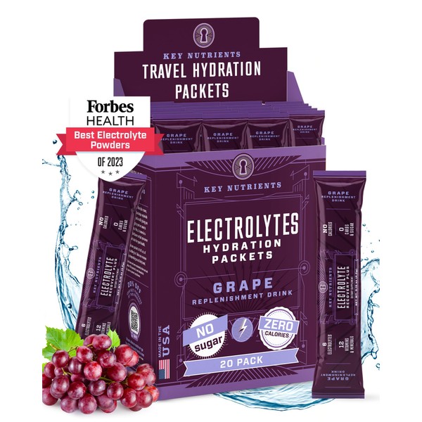 KEY NUTRIENTS Electrolytes Powder Packets - Fruity Grape 20 Pack Hydration Packets - Travel Hydration Powder - No Sugar, No Calories, Gluten Free - Made in USA