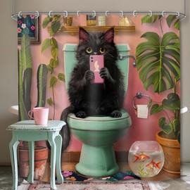 LGhtyro Funny Black Cat Vintage for Kids Shower Curtain Bathroom Set 71Wx71H Inches Hilarious Animals Green Toilet Plants Goldfish Bath Accessories Children Art Home Decor Fabric 12 Pack Hooks