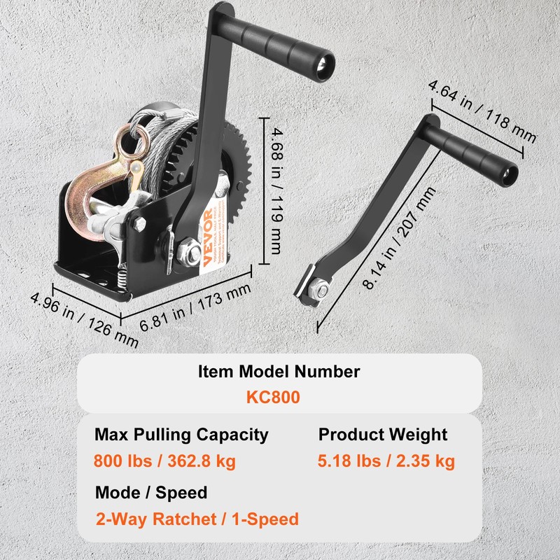 Manual Hand Crank Winch with 33 ft Steel Cable, 800/3500