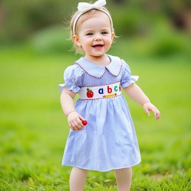 Toddler Girl Back to School Clothes Embroidery Smocked Dress Doll Collar Sundress First Day of Pre Kindergarten Outfit (ABC Apple-Blue, 4-5 Years)