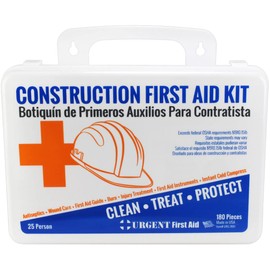 OSHA Contractors First Aid Kit for Job Sites up to 25 People by Urgent First Aid™ | 180 Pieces in Gasketed Plastic Case to Keep Out Moisture & dust - be OSHA Compliant + Extra First aid Item Content