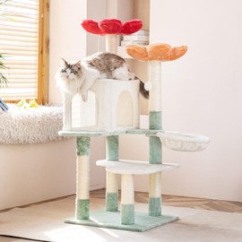 HYABi 48-inch Modern Cat Tree with Hanging Basket & Flower Design, Multi-Level Cat Tower with Plush Perches, Sisal Scratching Posts & Toy Balls, Stylish Indoor Playhouse for Cats & Kittens