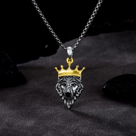 PROESS Wolf King Necklace 925 Sterling Silver King Crown Necklace Wolf Pendant Jewelry Presents for Women Men