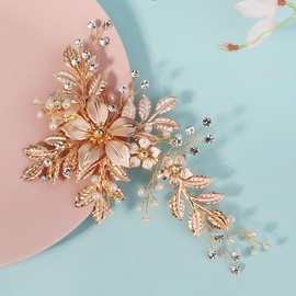 Handmade Gold Bridal Hair Clip Crystal Pearl Leaf Design Bridal Wedding Hair Accessories for Women Brides Women Girls