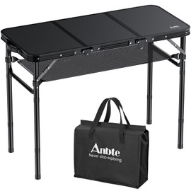 Anbte Folding Camping Table with Storage Net, 3ft Camping Table Aluminum Folding Table with 3 Adjustable Height Max 27.5 Inch Picnic Table Portable Table for Outdoor Backyard BBQ, Pure Black