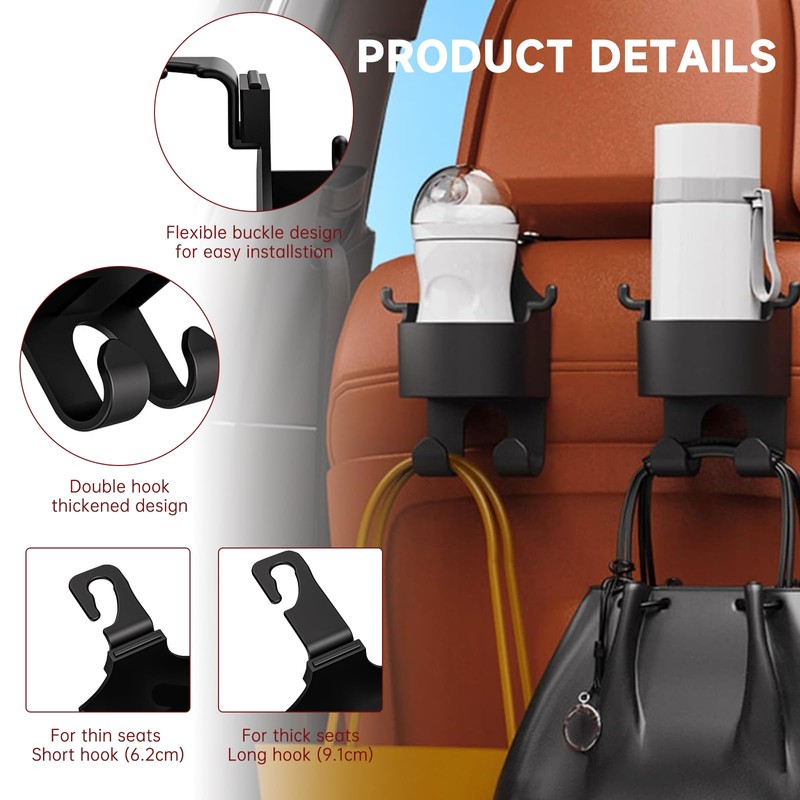 2 Pack Portable Seat Cup Holder with Hooks,Multi-functional Hook for