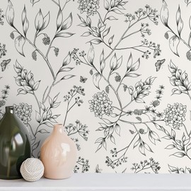 EeeComing Peel and Stick Wallpaper Black and White Floral Wallpaper Vintage Floral Wallpaper Contact Paper Removable Self Adhesive Wallpaper for Wall Vinyl Rolls 78.7"x17.3"