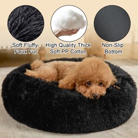 Kimpets Dog Bed Calming Beds for Small Medium Large Dogs - Round Donut Washable Puppy Dog Bed, Anti-Slip Faux Fur Fluffy Donut Cuddle Anxiety Cat Pet Bed(32'' Black)