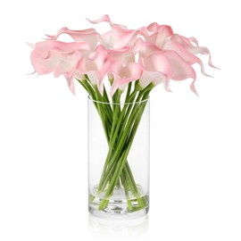 JOJOWOO Real Touch Calla Lily Artificial Flowers in Vase, Faux Floral Arrangements with Vase and Fake Water for Home Decor Dining Table (Pink)