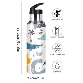 Stainless Steel Water Bottle with Straw, Cartoon Animals Cute Dinosaur Insulated Drink Flask Sports Water Bottle for Kids Adults, Leakproof, 600ml