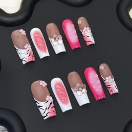 Handmade Press on Nails Long Square Shaped Fake Nails with 3D Rhinestones Flower Design Thick Acrylic and Muti-Layer Gel False Nails White French Tip Full Cover Acrylic Nails for Women (Size S)