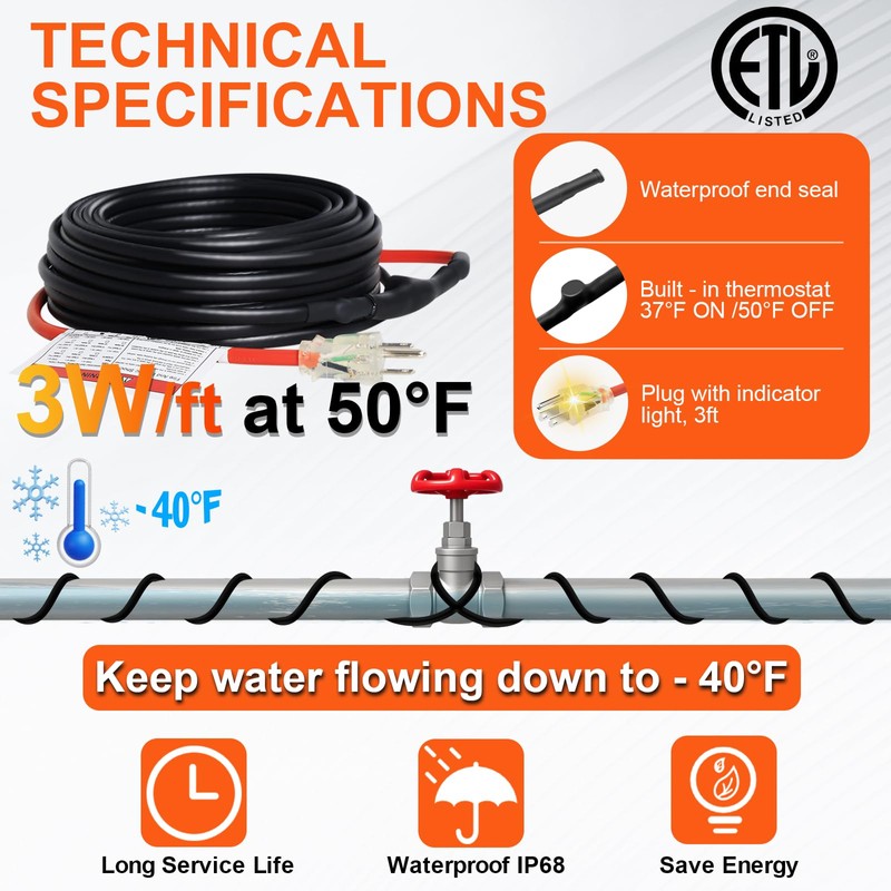 TOPDURE Automatic Heat Tape for Water Pipe Freeze Protection,Self-Regulating Pipe