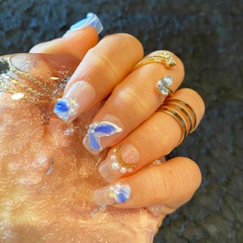 Vanesseva 10 Pcs Short Coffin Mermaid Fairy Handmade Press on Nails for Women Girls,Oceanic Aesthetic Gel Fake Nails,Fashion Magical Fantasy Nails,Cute 3D Hand-painted Blue Nails (S, 025)…