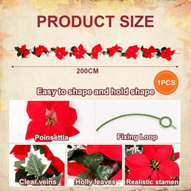 KAHEIGN Christmas Poinsettia Garland, 200CM Artificial Poinsettia Garland Flexible Greenery Garland with Red Flowers and Holly Leaves for Winter Christmas Holiday New Year Party Decoration