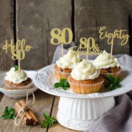 48 piezas de adornos para cupcakes de 80 cumpleaños, con purpurina, Hello 80 cupcakes, 80 fabulosas 80 púas para decoraciones de pasteles para feliz cumpleaños 80, boda, aniversario, fiesta, decoración de pasteles, color dorado