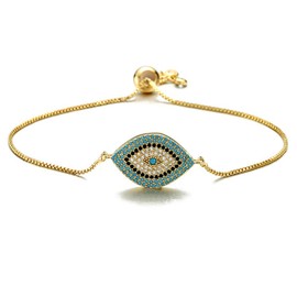 NEWBUY Trendy Gold Plated Turkish Evil Eye Bracelet Pave CZ Blue Eye Gold Chain Bracelet Adjustable Female Party Jewelry (Gold-1)