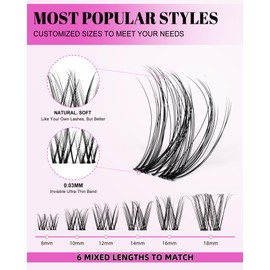 Magic Lash Clusters Natural 8-18mm Slightly Volume Wispy & Spikes Eyelash Clusters Extension Kit D Curl Individual DIY False Eyelash Extension Fake Eye Lashes With Wide & Thin Invisible Lash Band