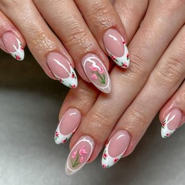 White French Tip Press on Nails Medium Almond Shape Flower Summer False Nails Almond Fake Nails with Designs Artificial Acrylic Nail Tips Full Cover Glue Stick on Nails for Women 24PCS