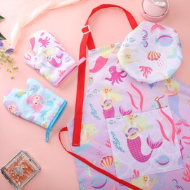 Hercicy 8 Pcs Kids Apron and Chef Hat Set Cute Mermaid Child Aprons with Pockets Adjustable Strap Hat Oven Mittens for Children Girls Boys Toddler Baby Painting Kitchen Cooking Baking Gardening